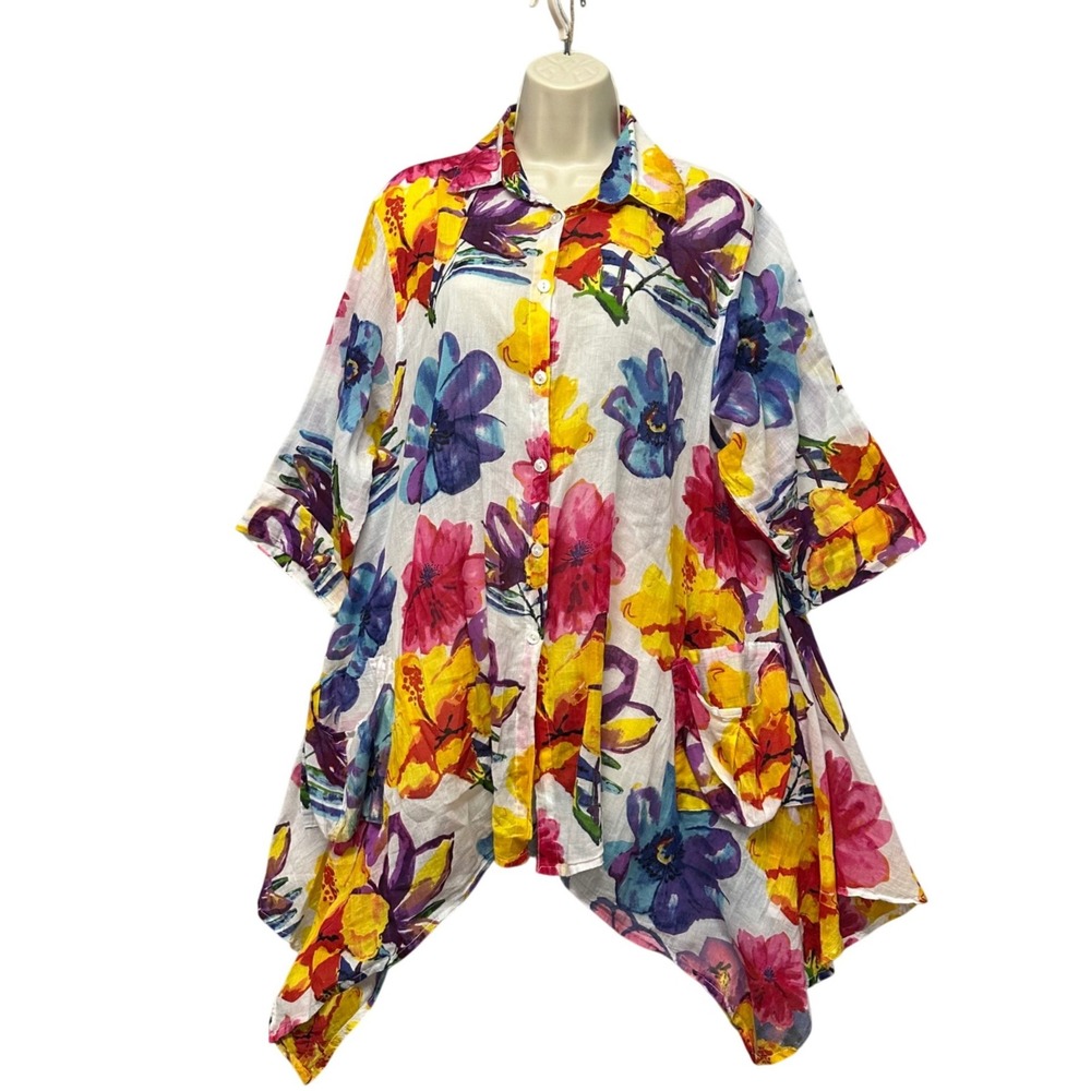 Womens Free Size Artsy Tunic Asymmetrical Hem Watercolor Floral 3/4ā Maximalist